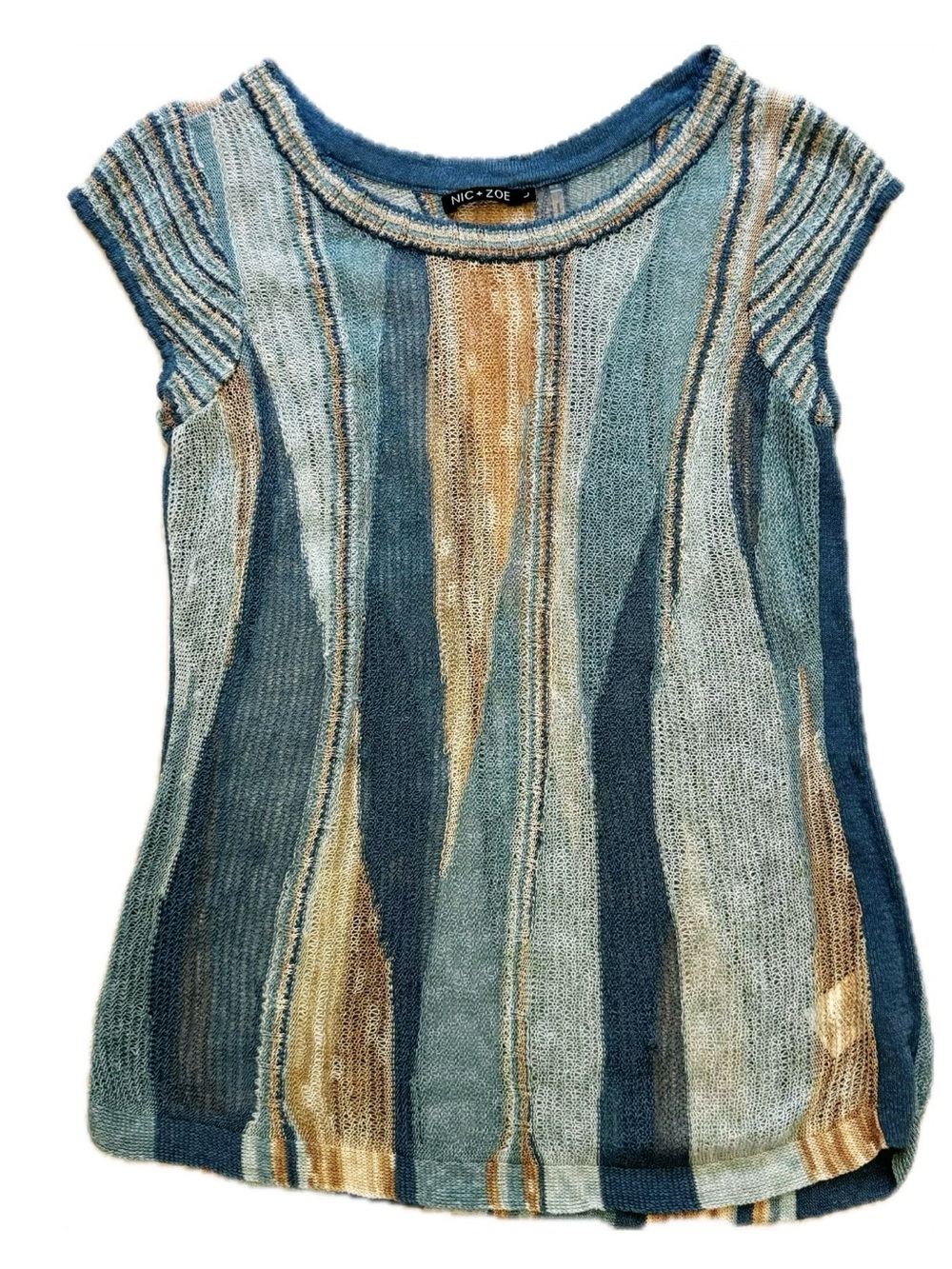 NIC+ZOE Striped Linen Cap-Sleeve Top in Blue, Teal & Tan